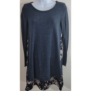 Mon Ami Blue Marled Floral Faux Layered Women's Top Small Long Sleeve Round Neck